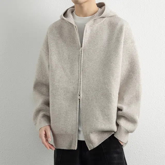 顶峰保罗 连帽针织开衫夹克无性别主义复古慵懒风痞帅直筒休闲宽松大码上衣外套简约百搭纯色长袖毛衣 男女同款