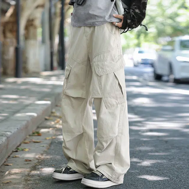 顶峰保罗 美式纯棉高街潮牌多口袋工装伞兵裤无性别主义通勤宽松百搭阔腿长裤子简约时尚痞帅直筒拖地垂感休闲裤 男女同款