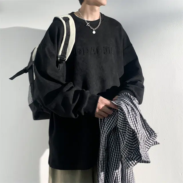 顶峰保罗 麂皮绒美式高街潮牌字母宽松大码休闲上衣打底衫无性别主义潮流百搭情侣款圆领卫衣 男女同款