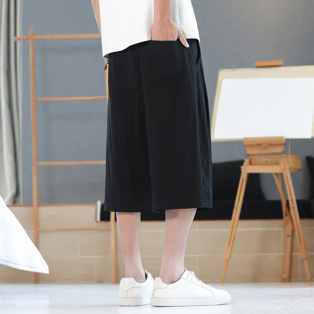 顶峰保罗 新中式莱赛尔潮流痞帅纯色无性别主义宽松大码百搭七分运动健身裤弹力抽绳显高薄款直筒休闲短裤 男女同款