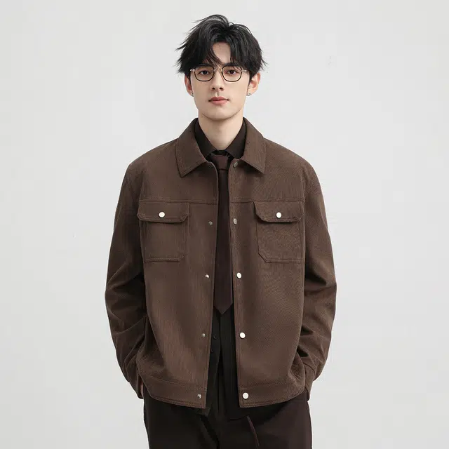 顶峰保罗 美式复古休闲工装长袖翻领上衣外套无性别主义潮牌美拉德纯色宽松高街运动飞行机车服百搭加肥加大夹克 男女同款