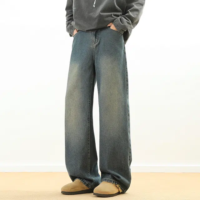 顶峰保罗 美式复古高街潮牌水洗休闲直筒无性别主义长裤百搭时尚宽松阔腿裤牛仔裤 男女同款