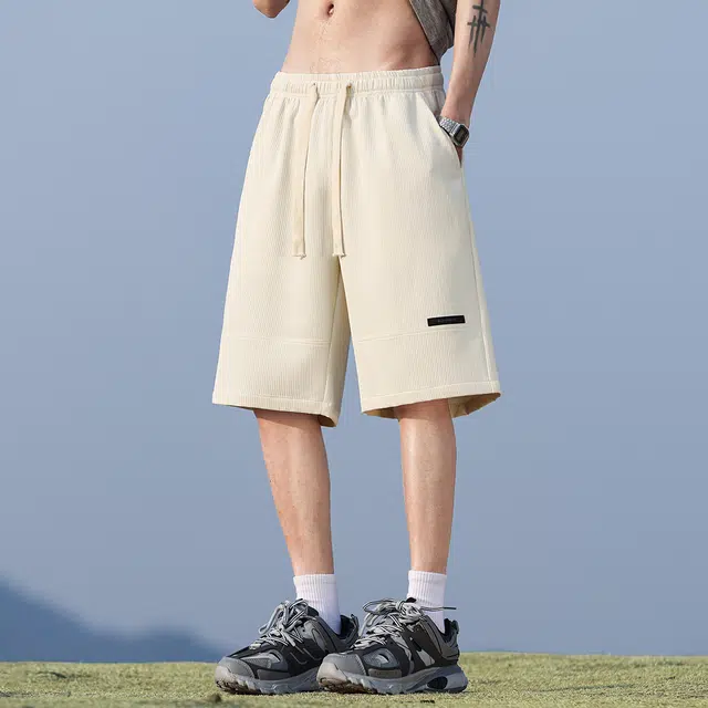 顶峰保罗 美式拼接直筒外穿冰丝薄款宽松百搭潮牌显高垂顺痞帅无性别主义运动健身五分中裤弹力休闲短裤 男女同款