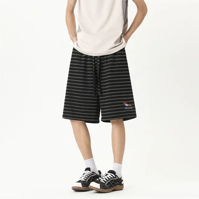 顶峰保罗 腊肠小狗条纹薄款透气直筒五分裤美式高街潮牌宽松舒适小众百搭设计感休闲短裤 男女同款