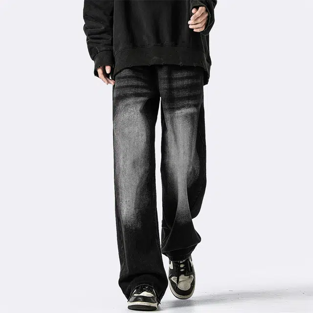顶峰保罗 复古水洗做旧薄款透气直筒长裤子美式高街潮牌情侣宽松休闲百搭撞色阔腿牛仔裤 男女同款