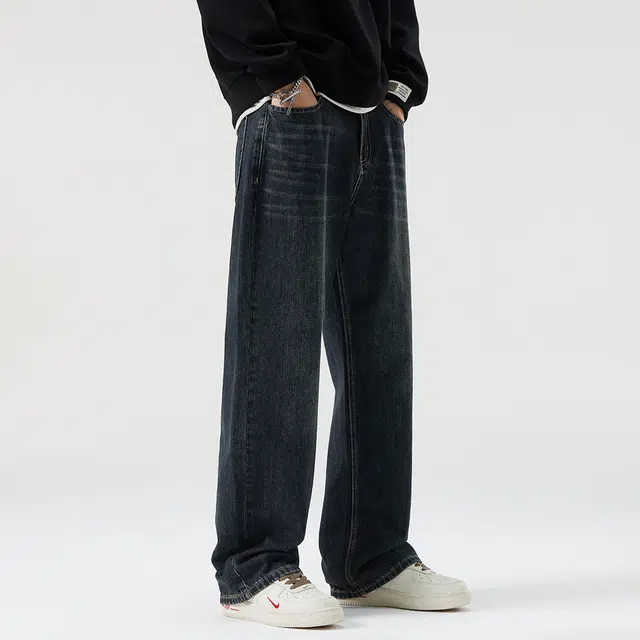 顶峰保罗 美式潮牌阔腿无性别主义直筒休闲复古高街水洗做旧运动长裤弹力显高显瘦宽松大码简约百搭加绒加厚垂感牛仔裤 男女同款