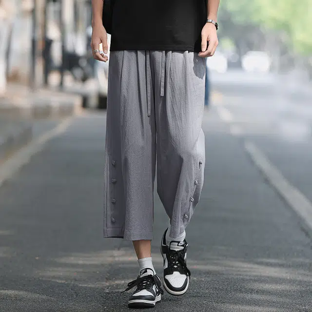 顶峰保罗 新中式纯棉薄款宽松阔腿国潮无性别主义纯色潮牌盘扣七分裤弹力抽绳显高直筒大码休闲短裤 男女同款