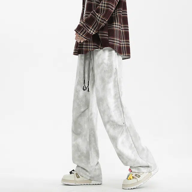 顶峰保罗 美式扎染脏脏裤高街直筒长裤无性别主义潮牌冰丝凉感褶皱设计感宽松百搭阔腿休闲裤 男女同款