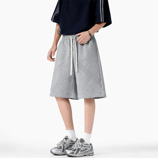 顶峰保罗 薄款透气拼接质感舒适直筒五分裤美式潮牌跑步运动宽松百搭显瘦显高阔腿休闲短裤 男女同款