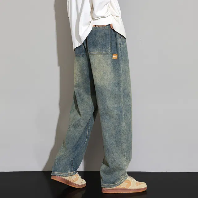 顶峰保罗 美式水洗复古做旧潮牌直筒无性别主义休闲阔腿长裤显高显瘦宽松大码百搭高街垂感牛仔裤 男女同款
