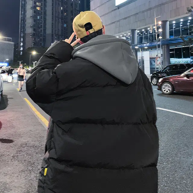 顶峰保罗 假两件拼接撞色休闲工装连帽长袖复古潮牌无性别主义直筒面包服宽松百搭加厚派克服保暖大码时尚棉服 男女同款