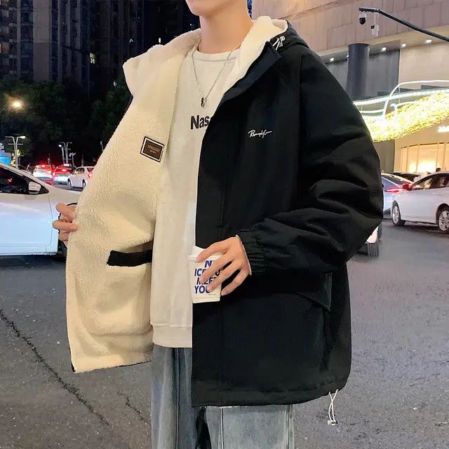 顶峰保罗 双面穿羊羔绒外套休闲工装连帽潮牌无性别主义宽松百搭加绒加厚大码保暖厚实时尚长袖棉服 男女同款