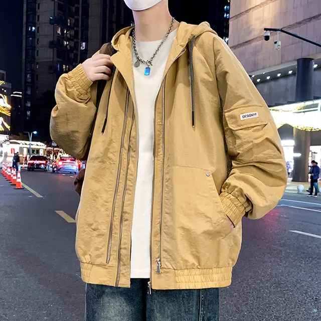 顶峰保罗 美式潮牌纯色飞行员翻领长袖机车连帽外套无性别主义直筒休闲运动复古工装上衣宽松加肥加大简约百搭高街夹克 男女同款