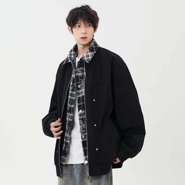 顶峰保罗 美式假两件格纹拼接翻领外套无性别主义直筒潮牌痞帅通勤骑行休闲上衣显高显瘦简约百搭宽松加肥加大长袖工装夹克 男女同款