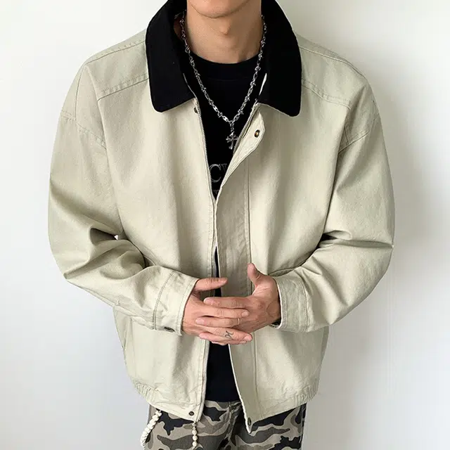 顶峰保罗 美式复古哈灵顿拼接撞色翻领重磅纯棉工装无性别主义潮流宽松加肥加大休闲长袖机车简约百搭显高显瘦夹克外套 男女同款