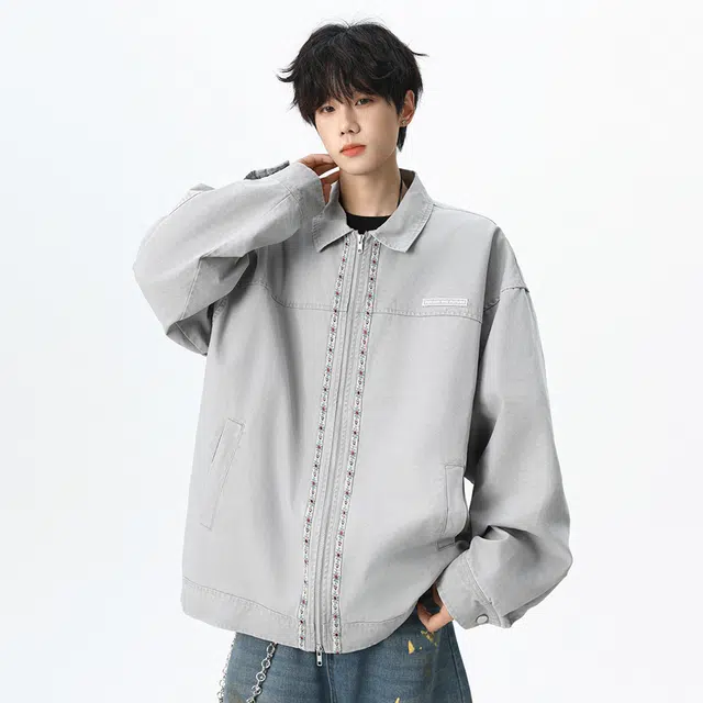 顶峰保罗 美式水洗拼接翻领纯棉重磅工装茄克无性别主义潮牌高街休闲运动痞帅做旧上衣简约百搭显高显瘦长袖夹克外套 男女同款