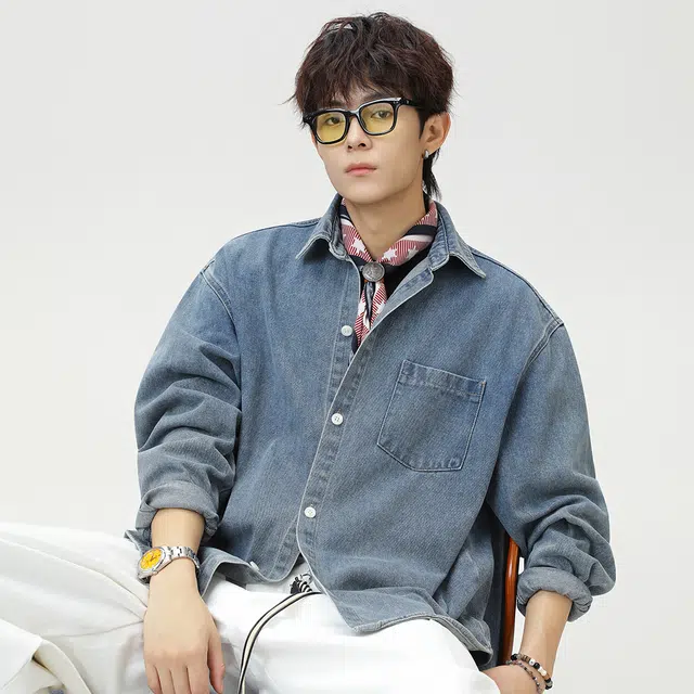 顶峰保罗 美式水洗复古翻领牛仔衬衣无性别主义休闲运动宽松大码高街工装长袖夹克外套纯色显高显瘦潮牌简约百搭衬衫 男女同款