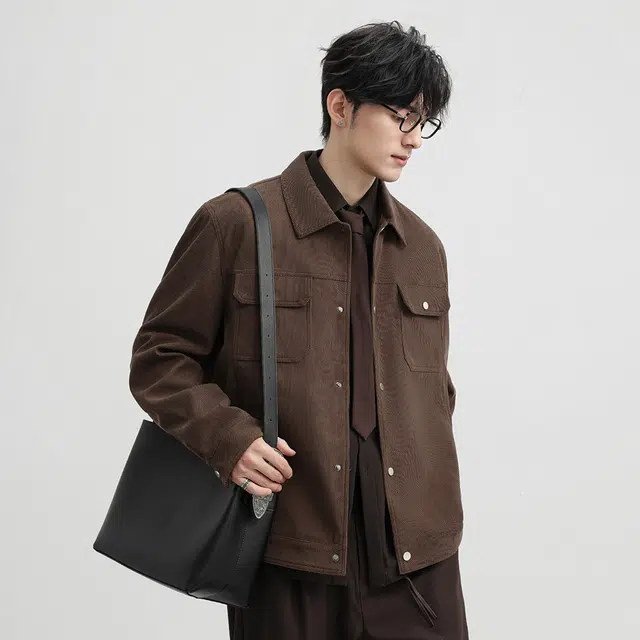 顶峰保罗 美式复古休闲工装长袖翻领上衣外套无性别主义潮牌美拉德纯色宽松高街运动飞行机车服百搭加肥加大夹克 男女同款