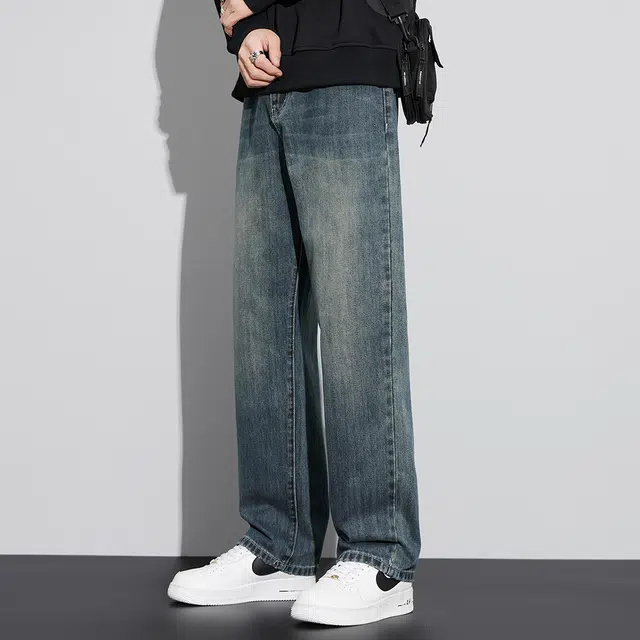 顶峰保罗 美式潮牌冰丝百搭阔腿垂感无性别主义复古直筒高街舒适时尚牛仔裤 男女同款