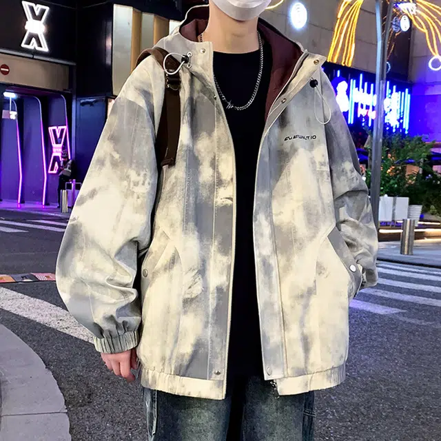 顶峰保罗 美式扎染字母印花翻领长袖机车连帽外套直筒休闲复古工装上衣宽松加肥加大简约百搭高街无性别主义潮牌飞行员夹克 男女同款