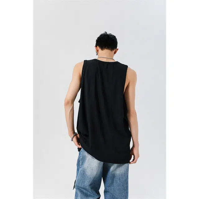 顶峰保罗 纯色简约美式高街高级设计感无袖坎肩体恤无性别主义青少年夏天薄款背心 男女同款