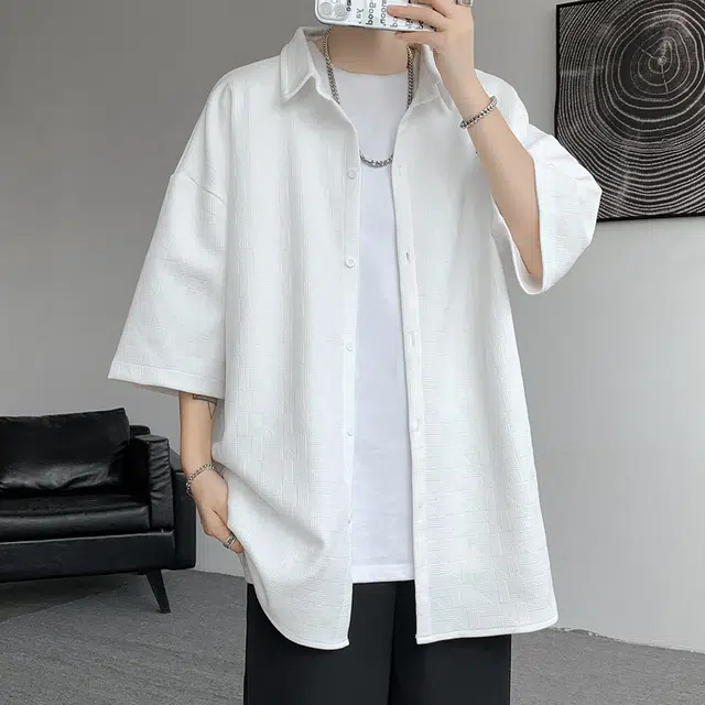 顶峰保罗 无性别主义痞帅潮牌薄款凉感亲肤透气宽松半袖休闲衬衣时尚百搭外套高级感短袖衬衫 男女同款