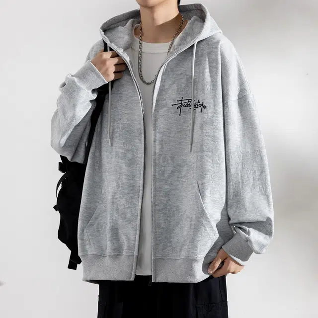 顶峰保罗 美式字母刺绣提花潮牌连帽重磅开衫夹克外套无性别主义宽松大码复古休闲直筒运动上衣简约百搭长袖卫衣 男女同款