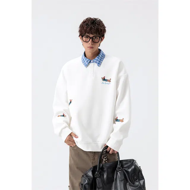 顶峰保罗 美式腊肠狗假两件卡通宽松休闲大码上衣外套无性别主义情侣款舒适百搭潮流翻领卫衣 男女同款