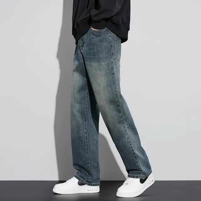 顶峰保罗 美式潮牌冰丝百搭阔腿垂感无性别主义复古直筒高街舒适时尚牛仔裤 男女同款