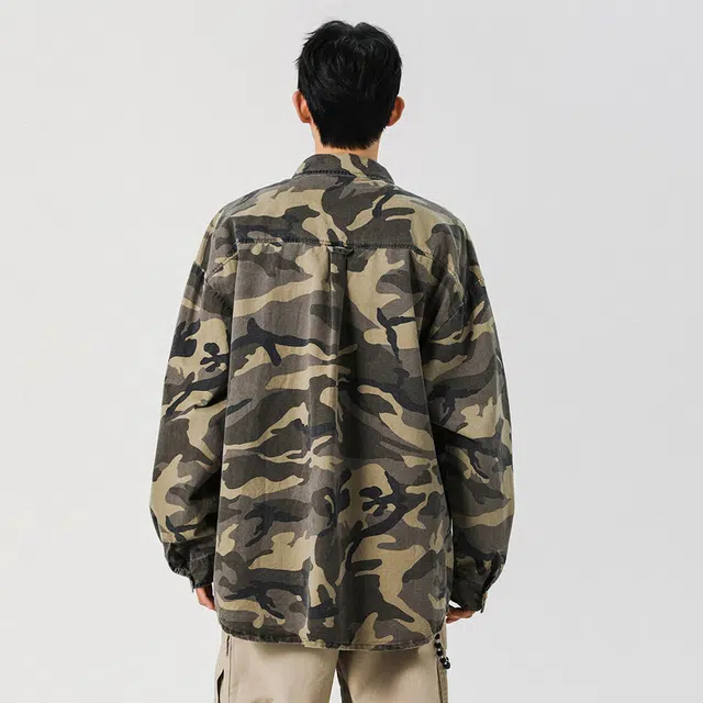 顶峰保罗 美式迷彩工装潮牌宽松慵懒运动高街痞帅做旧长袖翻领衬衫 男女同款