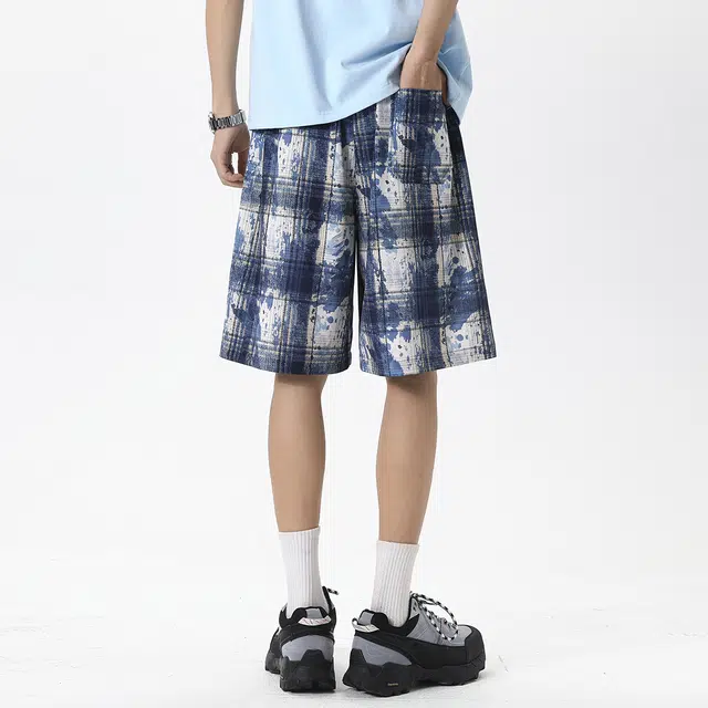 顶峰保罗 冰丝扎染格子设计运动感无性别主义宽松垂感直筒弹力抽绳显高大码时尚简约美式复古潮牌休闲短裤 男女同款