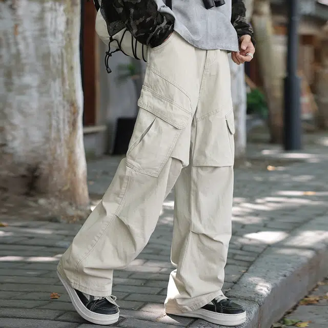 顶峰保罗 美式纯棉高街潮牌多口袋工装伞兵裤无性别主义通勤宽松百搭阔腿长裤子简约时尚痞帅直筒拖地垂感休闲裤 男女同款