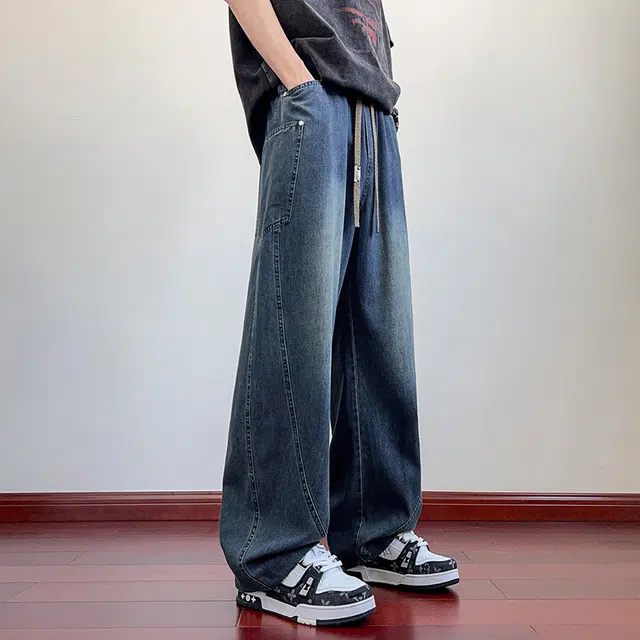 顶峰保罗 撞色抽绳凉感透气美式弯刀直筒长裤复古潮流情侣薄款宽松休闲小众百搭大码阔腿牛仔裤 男女同款