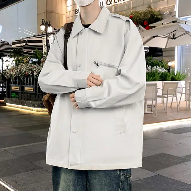 顶峰保罗 美式复古潮牌纯色飞行员翻领长袖机车外套无性别主义直筒休闲工装上衣宽松加肥加大简约百搭高街夹克 男女同款