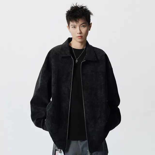 顶峰保罗 美式扎染复古痞帅翻领工装皮衣无性别主义美拉德重磅休闲宽松大码上衣茄克简约百搭显高显瘦长袖夹克外套 男女同款