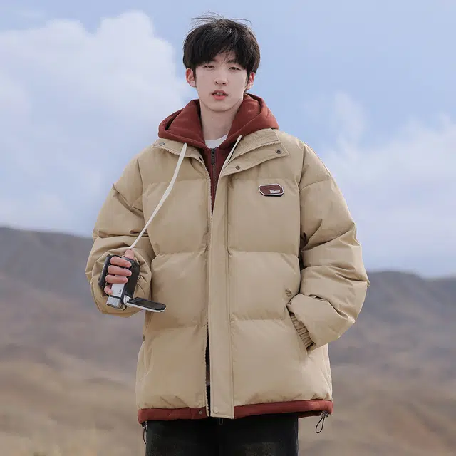 顶峰保罗 假两件拼接撞色休闲工装连帽面包服复古潮牌无性别主义直筒宽松百搭保暖大码厚实时尚长袖棉服 男女同款