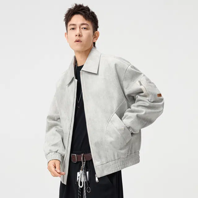 顶峰保罗 美式潮牌翻领麂皮绒工装上衣无性别主义直筒纯色高街宽松大码休闲高级感百搭长袖飞行夹克 男女同款
