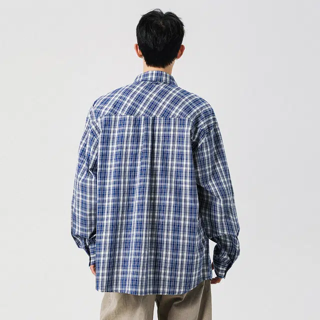 顶峰保罗 少年感纯棉格纹衬衣外套无性别主义宽松大码潮牌美式休闲长袖古巴领上衣简约百搭高街复古衬衫 男女同款