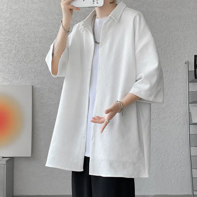 顶峰保罗 无性别主义痞帅潮牌薄款凉感亲肤透气宽松半袖休闲衬衣时尚百搭外套高级感短袖衬衫 男女同款