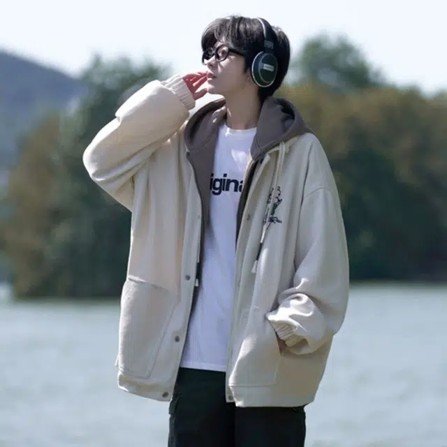 顶峰保罗 日系假两件棒球服宽松无性别主义童趣印花简约时尚小众设计感连帽长袖夹克外套 男女同款