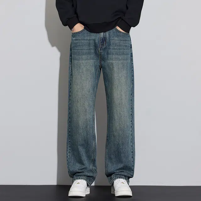 顶峰保罗 美式潮牌直筒阔腿无性别主义休闲复古高街水洗做旧运动长裤弹力显高显瘦宽松大码简约百搭加绒加厚垂感牛仔裤 男女同款