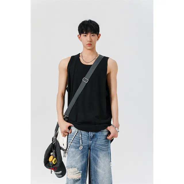 顶峰保罗 纯色简约美式高街高级设计感无袖坎肩体恤无性别主义青少年夏天薄款背心 男女同款