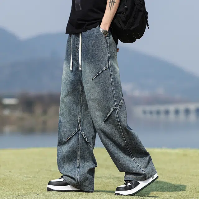 顶峰保罗 美式复古水洗工装解构无性别主义直筒长裤休闲阔腿弹力松紧腰显高百搭宽松高街潮牌垂感牛仔裤 男女同款