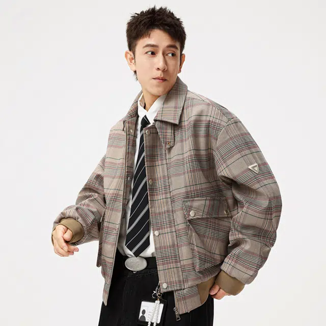 顶峰保罗 美式千鸟格翻领格子工装外套无性别主义直筒宽松加肥加大休闲小香风百搭大口袋衬衫上衣潮牌时尚高街长袖显高显瘦夹克 男女同款