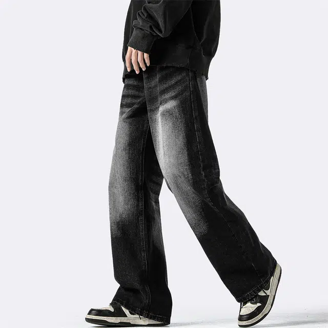 顶峰保罗 复古水洗做旧薄款透气直筒长裤子美式高街潮牌情侣宽松休闲百搭撞色阔腿牛仔裤 男女同款