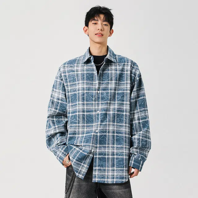 顶峰保罗 美式复古撞色晕染格子长袖衬衣无性别主义潮牌慵懒风外套百搭休闲简约翻领上衣宽松大码衬衫 男女同款