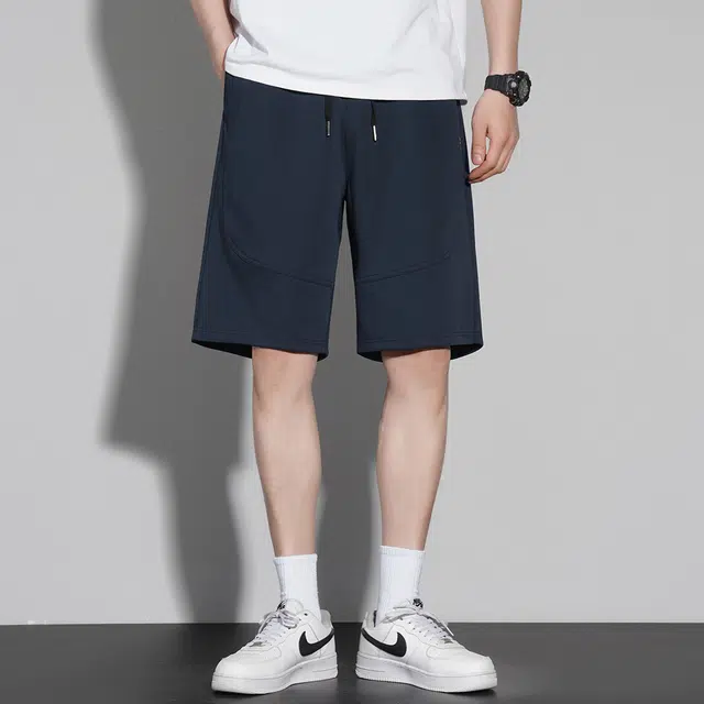 顶峰保罗 无性别主义冰丝薄款凉感亲肤透气宽松直筒中裤潮牌美式五分运动裤子时尚百搭垂感系带休闲短裤 男女同款