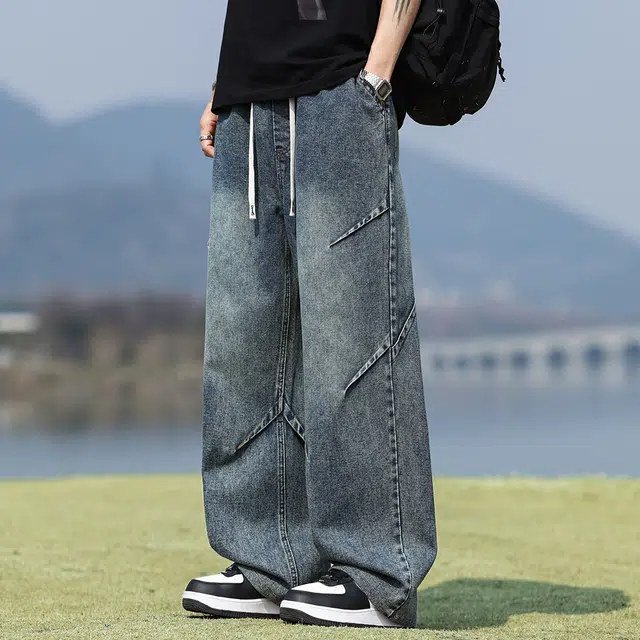 顶峰保罗 美式复古水洗工装解构无性别主义直筒长裤休闲阔腿弹力松紧腰显高百搭宽松高街潮牌垂感牛仔裤 男女同款