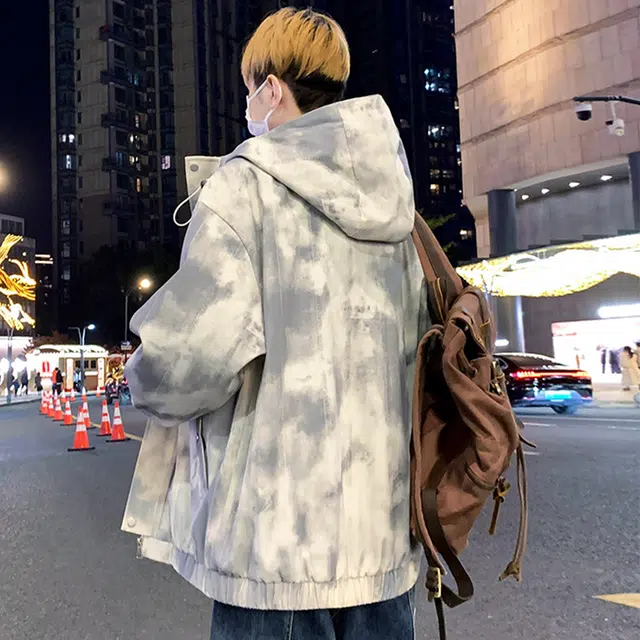 顶峰保罗 美式扎染字母印花翻领长袖机车连帽外套直筒休闲复古工装上衣宽松加肥加大简约百搭高街无性别主义潮牌飞行员夹克 男女同款