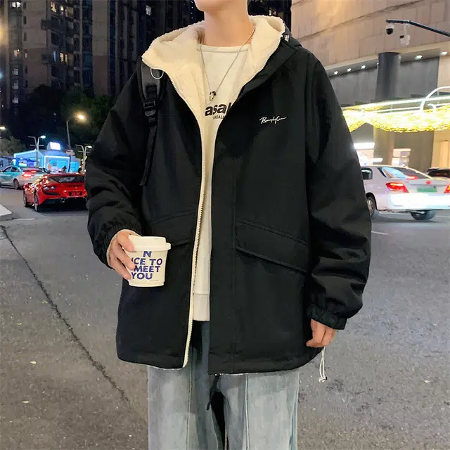 顶峰保罗 双面穿羊羔绒潮牌连帽立领宽松休闲运动外套无性别主义时尚百搭加绒加厚棉服 男女同款